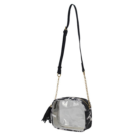 clear crossbody bag, stadium clear bag, concert clear purse, PVC crossbody bag, faux leather clear bag, stadium approved bag, gold accent clear bag, see through concert purse, transparent crossbody, clear bag with tassel, festival ready clear bag, event clear crossbody, trendy stadium purse, concert event bag, hands-free clear bag, stadium style bag, chic transparent purse, fringe clear crossbody, sports event clear bag, music festival bag, fashion stadium bag